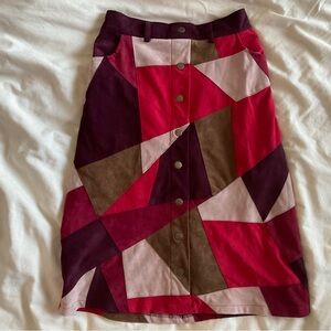 Curations Faux Suede Red and Brown Patchwork Midi Skirt